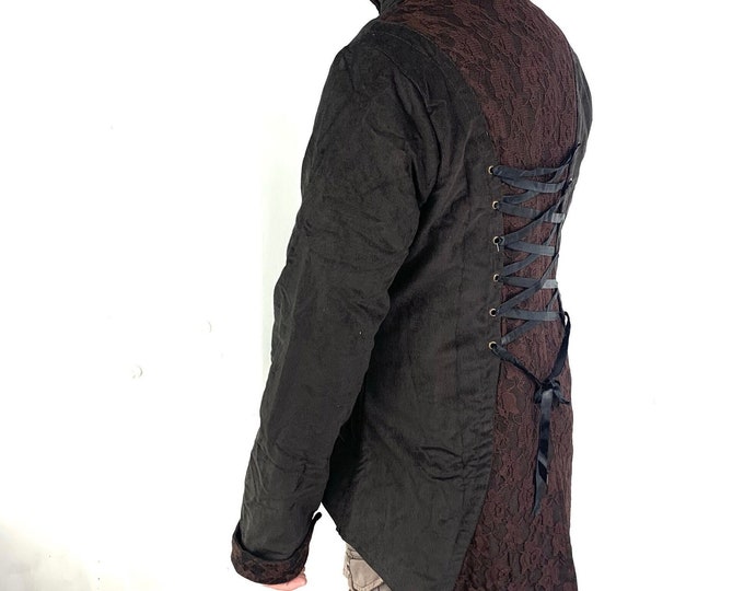 Steampunk Tailcoat handmade in Brown Corduroy, a cosy fleece lined coat with brass poppers, pockets & laced back. SKU:548