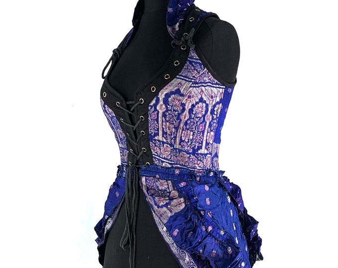 S. Varuna Corset Dress in Silk Brocade with long body; Larp Renaissance Corset Dress.  SKU:2002-1787