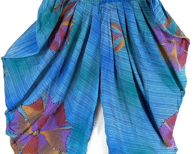 Caroline Waterfall Silk Harem Pants; Handmade One Size, Elasticated waist. Comfy yoga Eco Trousers.  SKU:860-9085