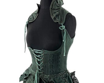 Elisa Cotton Boho Corset Dress in Dark Green.