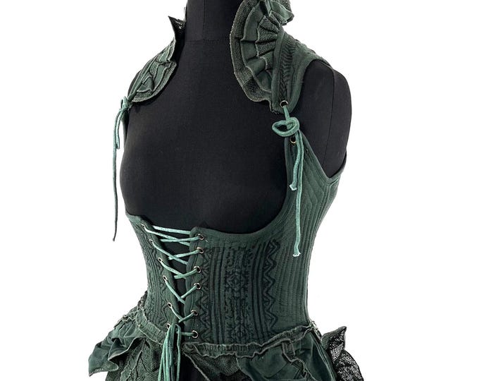 Elisa Cotton Boho Corset Dress in Dark Green.