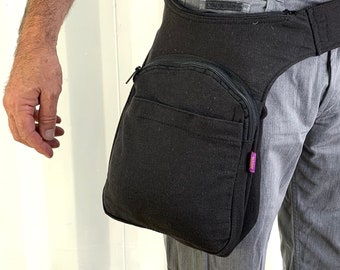 Travellers Shoulder or Hip Bag in Black Strong cotton Canvas