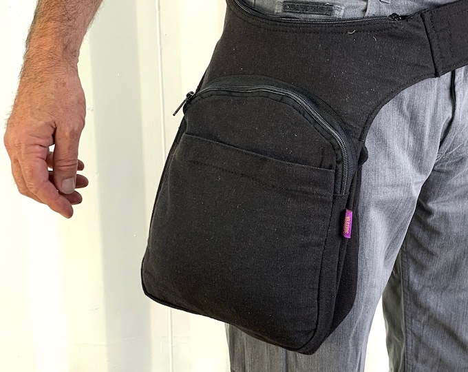 Travellers Shoulder or Hip Bag in Black Strong cotton Canvas