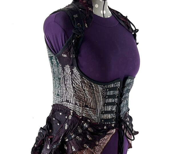 5XL. Elisa Bustier Dress; Steampunk Under-bust Long Body Corset in Silk Brocade, Boho Cottagecore Pirate SKU:2004-7912