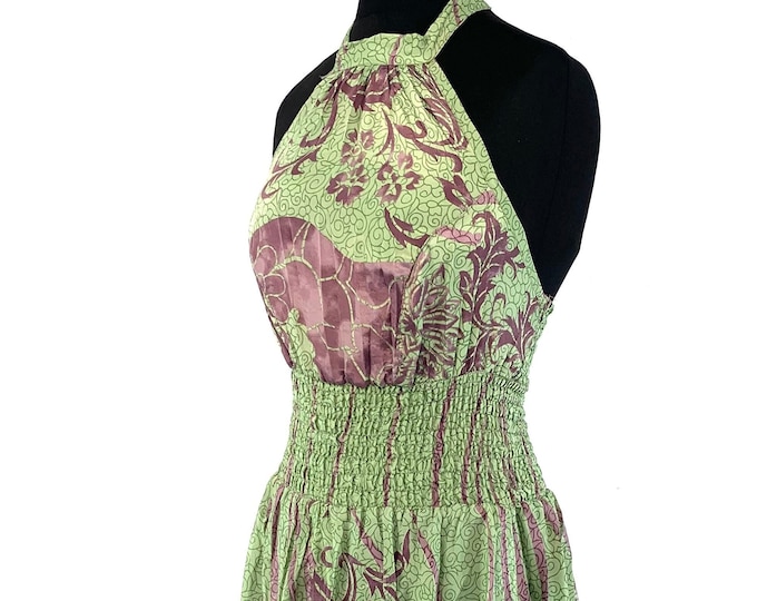 Sadie Silk Pixie Dress a One Size Goddess Dress, Hippie Boho Summer Halter Dress with a ruched skirt.