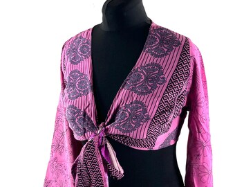 M/L Joy Bell Sleeve Crop Top, Sari Summer Wrap, Handmade Silky, Light Hippy Style (SKU:571-10297)