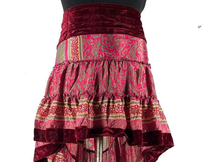 XL. Layla Bohemian High Low Skirt. Fits up to 50" (127cm) Silk Velvet Edged Boho Skirt. One Size Plus. SKU:734-8051