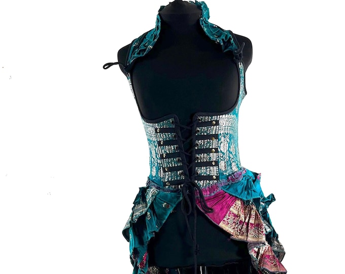 M Elisa Bustier Dress; Steampunk Under-bust Long Body Corset in Silk Brocade, (SKU:2004-10265)