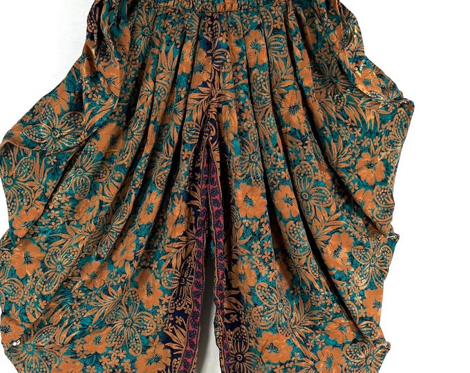 Caroline Waterfall Silk Harem Pants; Handmade One Size, Elasticated waist. Comfy yoga Eco Trousers.  SKU:860-9086