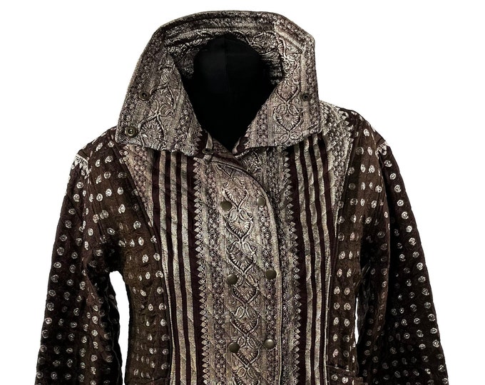2XL. Steampunk Coat a Silk Brocade Fleece Lined Tailcoat with Corsetage at back for adjustable sizing.