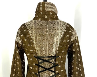 XL.  Moss Green Silk Brocade Tailcoat - Pirate Highwayman - Fleece Lined (SKU:549-1671).