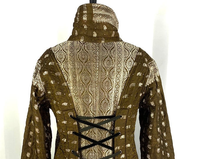 XL.  Moss Green Steampunk Silk Brocade Tailcoat. Unisex & Unique, Fleece lined Pirate Coat. Corsetage at back for adjustable sizing.