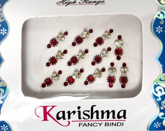 Red & Silver Fancy Bindi Pack of 12 Face Jewellery. Face Gem Glitter Festival Party Goth Wedding