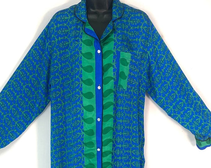 L. Romilly Silk Shirt Dress, Long Sleeve with Pocket and buttons at front. Soft sari, Loose & Comfy SKU:322-4979