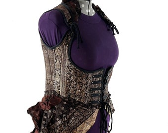 5XL Elisa Bustier Dress; Steampunk Under-bust Long Body Corset in Silk Brocade, Boho Cottagecore Pirate SKU:2004-7910