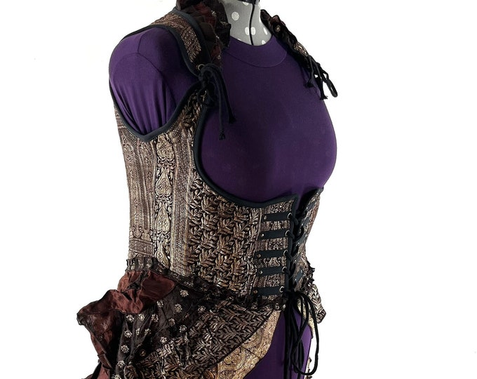 5XL. Elisa Bustier Dress; Steampunk Under-bust Long Body Corset in Silk Brocade, Boho Cottagecore Pirate SKU:2004-7910