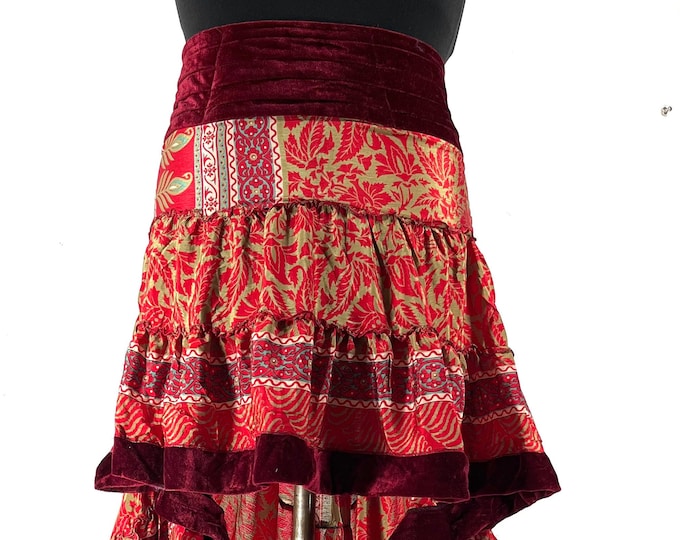 XL. Layla Bohemian High Low Skirt. Fits up to 50" (127cm) Silk Velvet Edged Boho Skirt. One Size Plus. SKU:734-8048