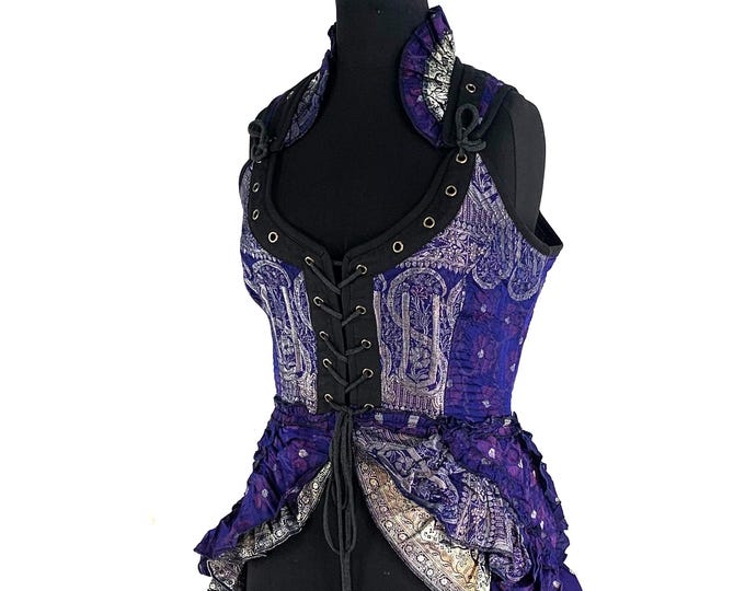 L. Varuna Corset Bustier Dress in Silk Brocade with long body; Larp Renaissance Dress. SKU:2002-1775