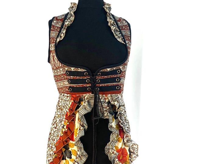 M. Celeste Steampunk Corset Dress, Underbust Bustier with adj tail length in Silk. LARP, Fairy, Renaissance. Grey & Orange SKU:987-1048