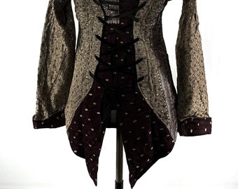 M. Steampunk Coat a Silk Brocade Fleece Lined Tailcoat with Corsetage at back for adjustable sizing.