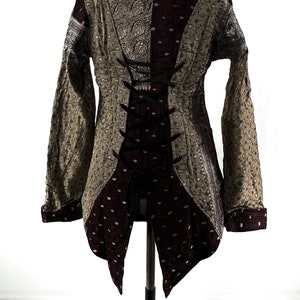 UK-M Steampunk Coat a Silk Brocade Fleece Lined Tailcoat with Corsetage at back for adjustable sizing.