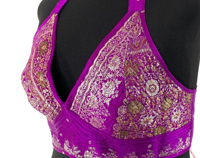 3XL. Phoenix Tribal Top. New cut in Pink/Purple Silk brocade. SKU:1027-5930