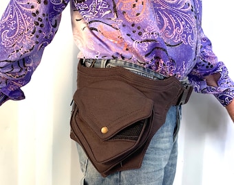 Clamshell Tough Bumbag - Brown 3 zipped pockets. Vegan Hip Belt
