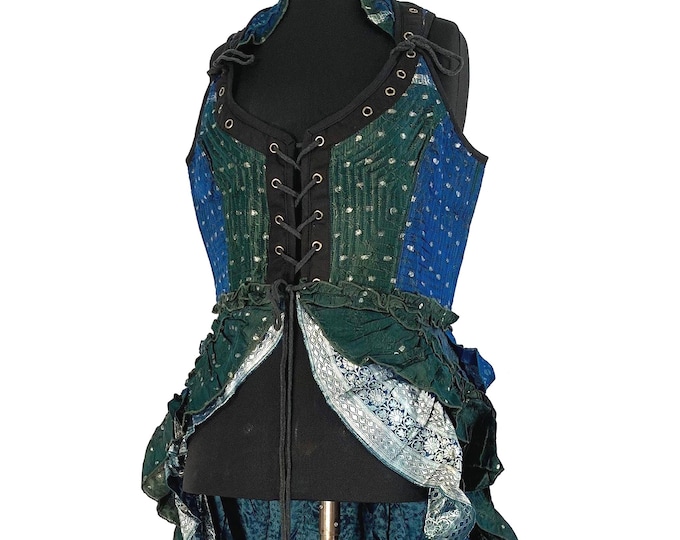 XL. Varuna Corset Dress in Silk Brocade with long body; Green blue and silver Renaissance Corset Dress.  SKU:2002-2609