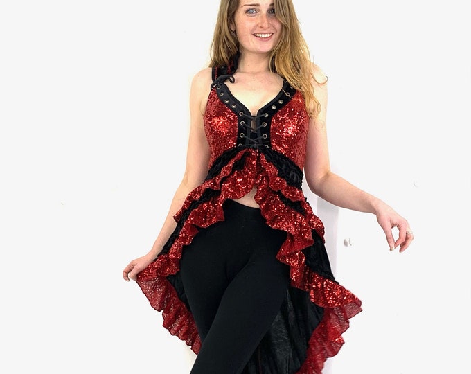Ringmaster Red with Black, Sophia Sequin & Velvet Showgirl Corset Dress. Handmade Performance costume. SKU:3000