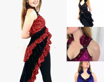 Sophia Ringmaster Red with Black, Sequin & Velvet Showgirl Corset Dress. Handmade Womens Performance costume. Circus Diva