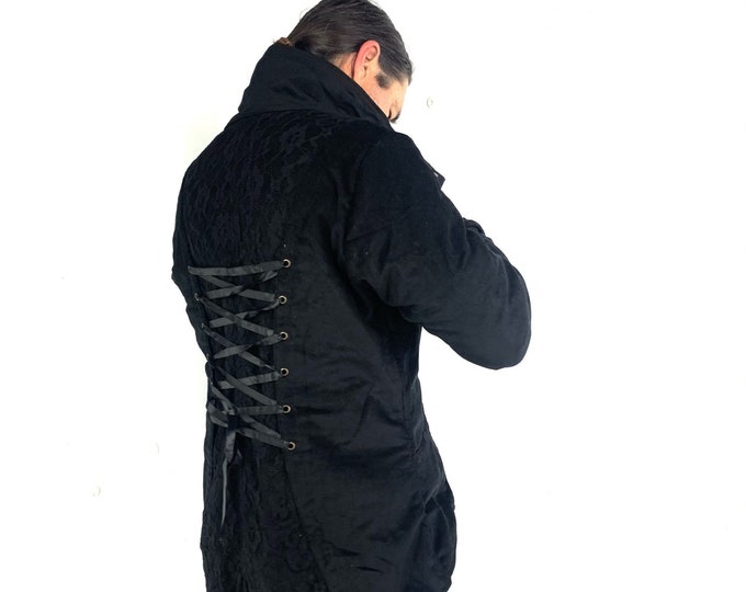 Black Steampunk Corduroy Jacket Tailcoat, handmade, fleece lined, SKU:548