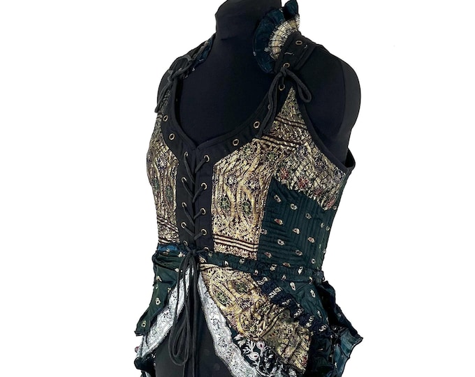 2XL Varuna Corset Bustier Dress in Silk Brocade with long body; Larp, Steampunk, Gothic SKU:2002-8095