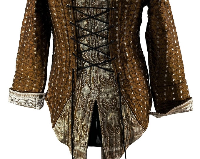 2XL. Steampunk Coat a Silk Brocade Fleece Lined Tailcoat with Corsetage at back for adjustable sizing.