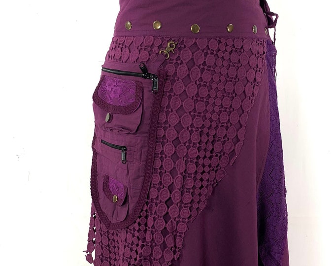 Purple Cotton Maxi Wrap Skirt; Steampunk, with detachable 3 Pocket Purse. SKU:1040-1041-