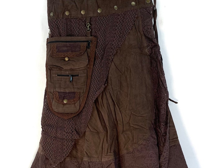 Brown Steampunk Wrap Skirt in Cotton; Edwardian Long Skirt or Victorian Walking Skirt with a detachable 3 Pocket Purse. SKU:1040-1041-