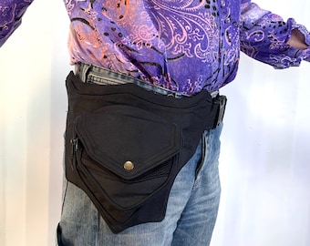 Fanny pack Bum bag Money belt- Cotton Clamshell Tough Bumbag - Black 3 zipped pockets