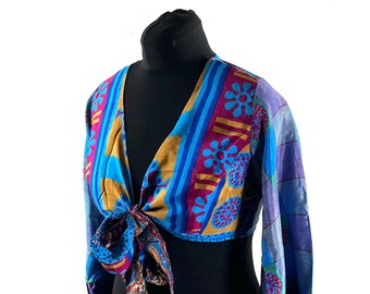 M/L Joy Bell Sleeve Crop Top, Sari Summer Wrap, Handmade Silky, Light Hippy Style (SKU:571-10296)