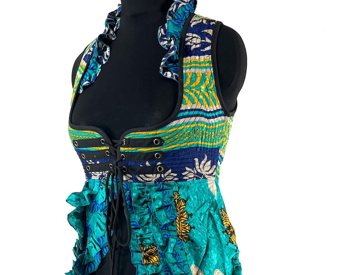 XL. Celeste Bustier Dress; Under-bust Corset Dress in Vintage Silk. Bridgerton Cosplay, Larp, Steampunk, Renaissance Festival SKU:983-9573