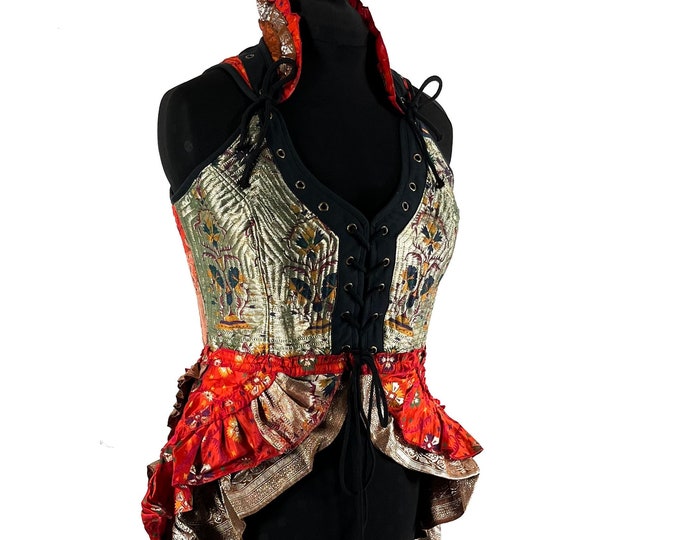 2XL Varuna Corset Bustier Dress in Silk Brocade with long body; Larp, Steampunk, Gothic SKU:2002-7489