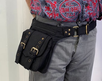 Black Canvas Cotton Utility belt, Hip-bag, Fanny pack, Bum bag, with 3 zipped pockets + 2 mag clip pockets.