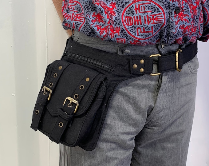 Black Canvas Cotton Utility belt, Hip-bag, Fanny pack, Bum bag, with 3 zipped pockets + 2 mag clip pockets.