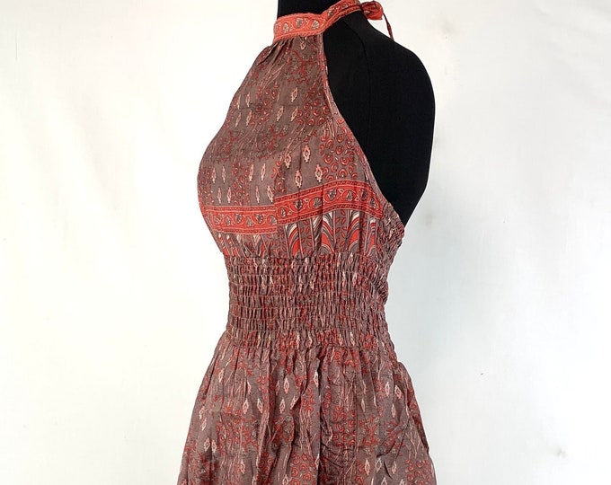 Sadie Silk Pixie Dress. One Size Halter Dress with ruched skirt.