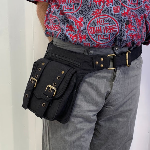 Black Canvas Cotton Utility belt, Hip-bag, Fanny pack, Bum bag, with 3 zipped pockets + 2 mag clip pockets.