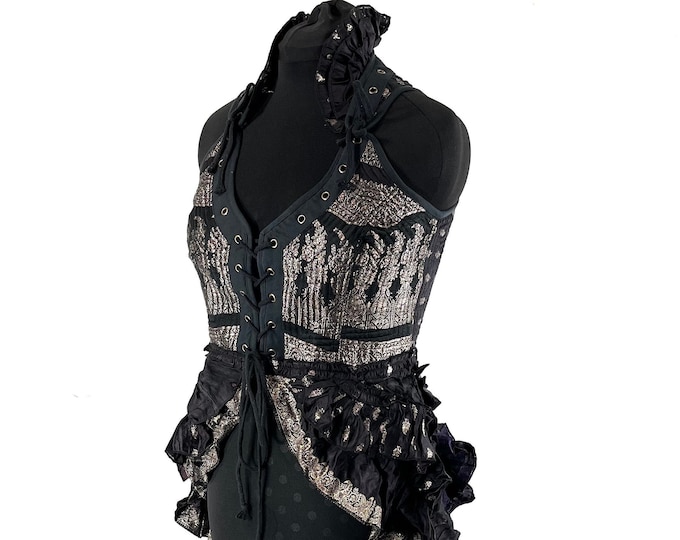 2XL Varuna Corset Bustier Dress in Silk Brocade with long body; Larp, Steampunk, Gothic SKU:2002-7485