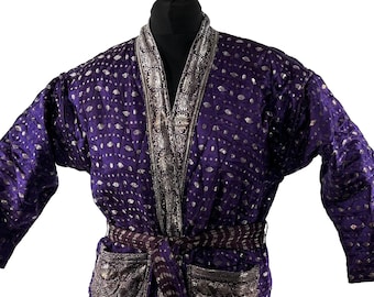 Quilted Silk Kimono Robe; Vintage Brocade, Generous Loose Fit Haori Jacket, Handmade.  SKU:757-7021