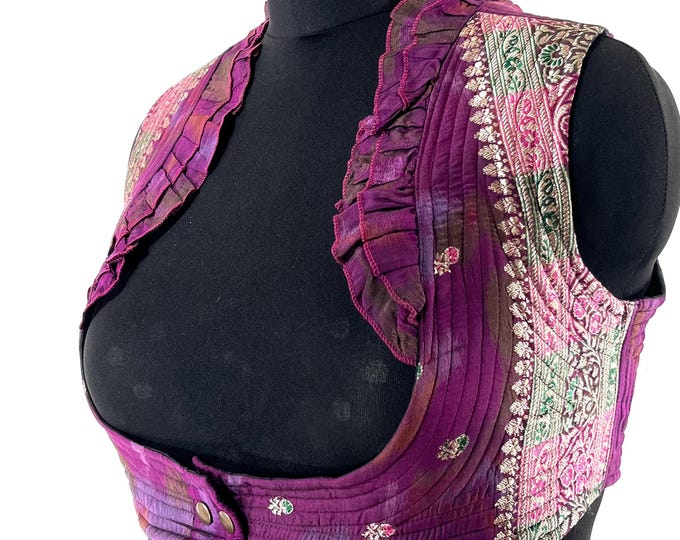 4XL. Corset Style Bustier Bra Top handmade in Vintage Silk Brocade.  Choli Plus Plus Size Laced Top  SKU:447-8945
