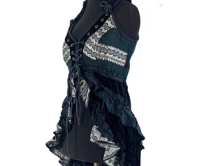 M. Cosmo Silk Velvet Corset Dress. Steampunk Style, Flamenco, Tribal, Pagan, Fantasy, Goth, Bustle, Tutu