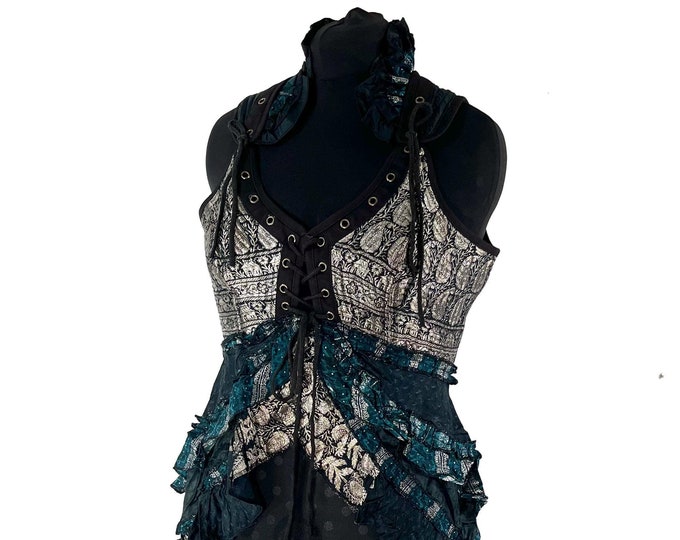 2XL. Sophia Corset  Dress with Hi-Low tiered skirt in Silk brocade.  REN SKU:2000-8099