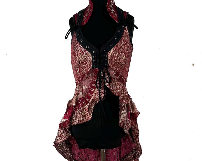 Sophia Corset Dress with Hi-Low tiered skirt handmade in Silk brocade. Steampunk Ren Faire UK-S   SKU:2000-8510