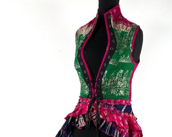 UK-S. Isabella Corset Vest Dress in Silk brocade. (Steampunk, Larp, Tribal, Pagan, REN, Renaissance) SKU:2001-7183-S